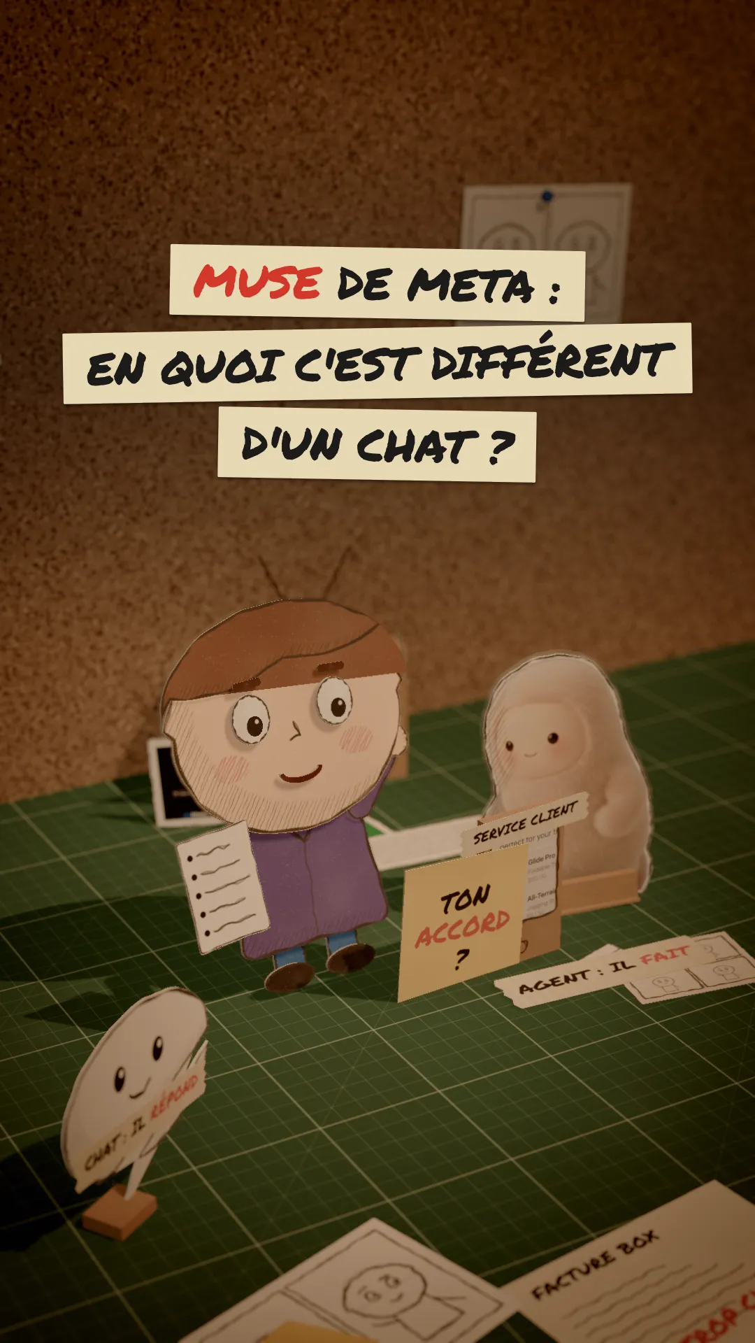 Image du film "Muse de Meta, en quoi c'est différent d'un chat ?", en style papier découpé